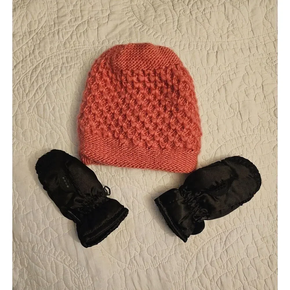 Cozy Pink Knit Hat & Penguin Mittens Set Baby 3Mo Winter Accessories Warm & Cozy